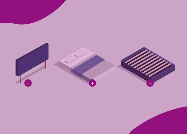 Ilustrācija ar trim atsevi&scaron;ķiem gultas elementiem: galvgalis pa kreisi, matracis ar gultas veļu pa vidu un līstī&scaron;u pamatne pa labi, katram apak&scaron;ā apaļ&scaron; pluszīmes ikonas.