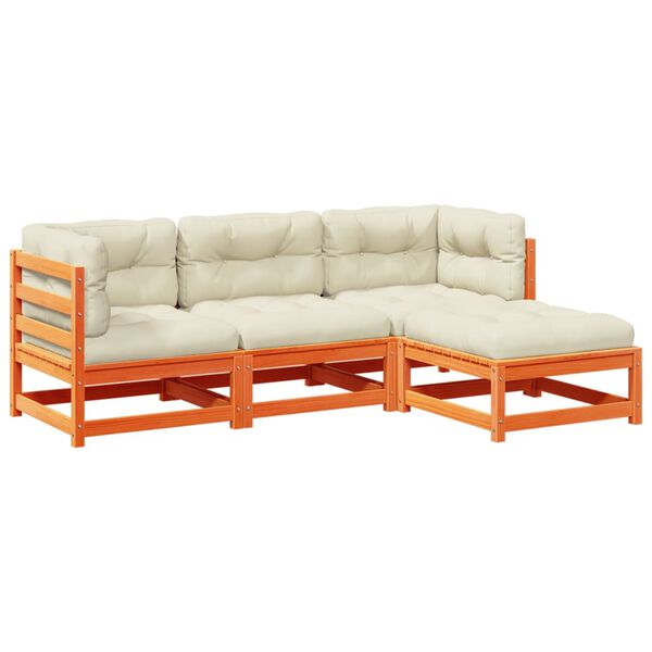 vidaXL 4-daļīgs dārza dīvānu komplekts, matrači, brūns priedes koks