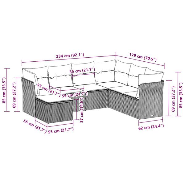 vidaXL 7-daļīgs dārza dīvāna komplekts,matrači, gai&scaron;i pelēka PE pinums
