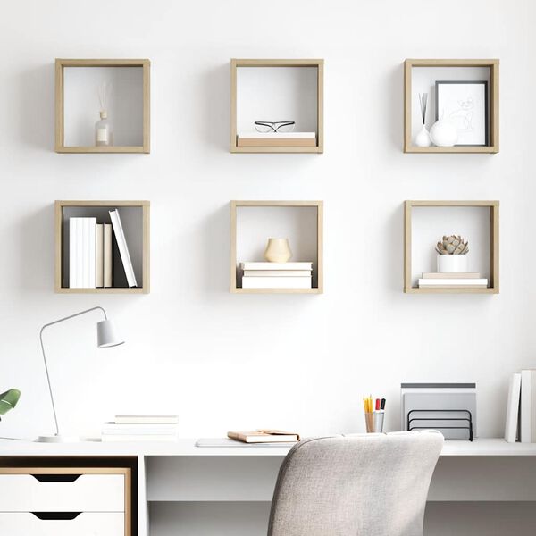 vidaXL kuba formas sienas plaukti, 6 gab., ozolkoka krāsa, 26x15x26 cm