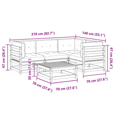 vidaXL 5-daļīgs dārza dīvānu komplekts, matrači, egles masīvkoks