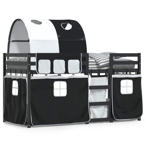 vidaXL gulta ar aizkariem, melnbalta, 90x190 cm, priedes masīvkoks