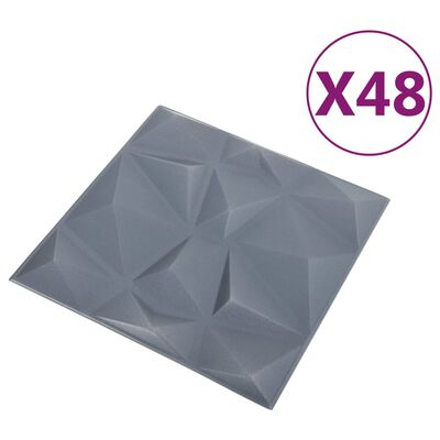 vidaXL 3D sienas paneļi, 48 gab., 50x50 cm, pelēki dimanti, 12 m²