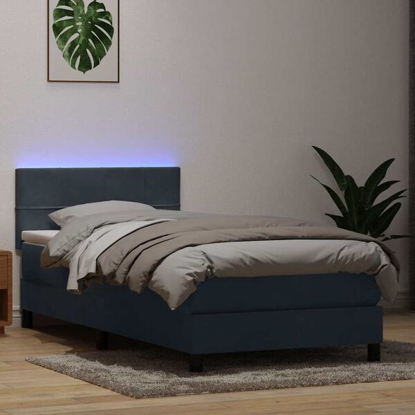 vidaXL atsperu gulta ar matraci, LED, tum&scaron;i pelēka samts, 100x210 cm