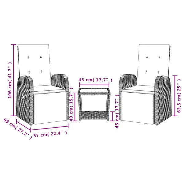 vidaXL 3-daļīgs dārza mēbeļu komplekts, matrači, pelēka PE rotangpalma