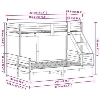 vidaXL divstāvu gulta, 80x200/140x200 cm, priedes masīvkoks