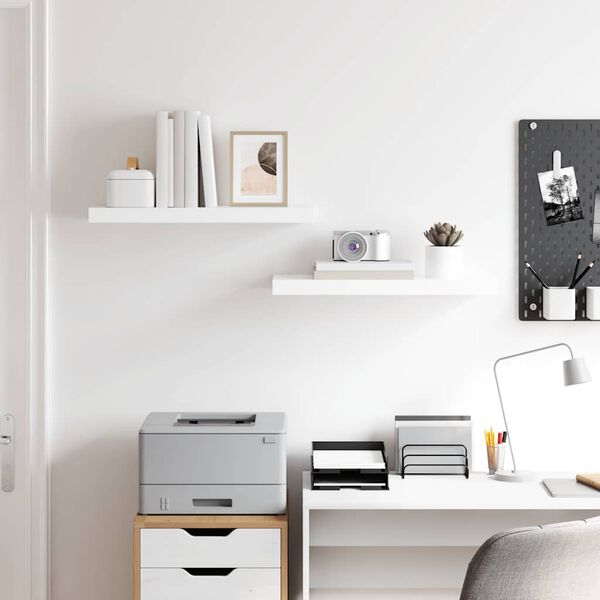 vidaXL sienas plaukti, 2 gab., spīdīgi balti, 60x23,5x3,8 cm, MDF