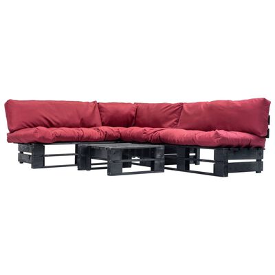 vidaXL 4-daļīgs palešu dīvānu komplekts ar sarkaniem matračiem, koks