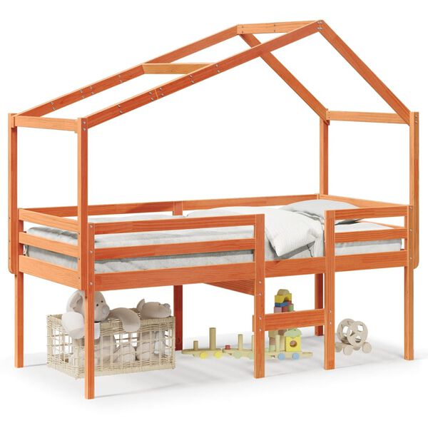 vidaXL augstā gulta ar jumtu vaska brūnas 90x200 cm priedes masīvkoks