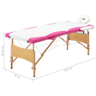 vidaXL saliekams masāžas galds, 2 daļas, koks, balts ar rozā