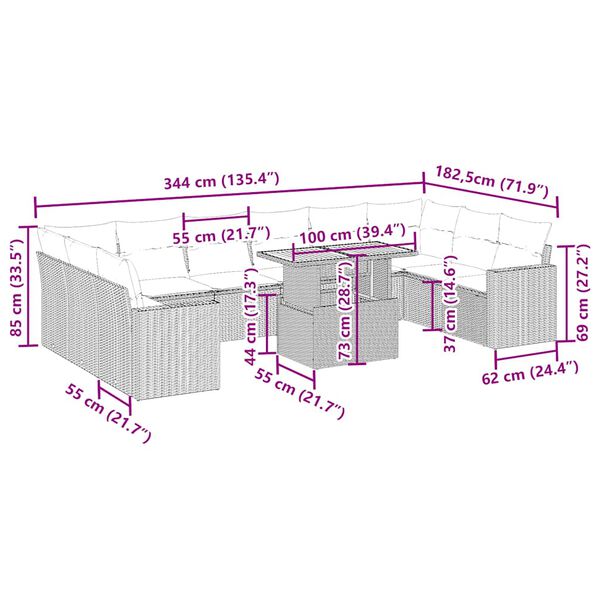 vidaXL 11-daļīgs dārza dīvāna komplekts, matrači, bēša PE rotangpalma