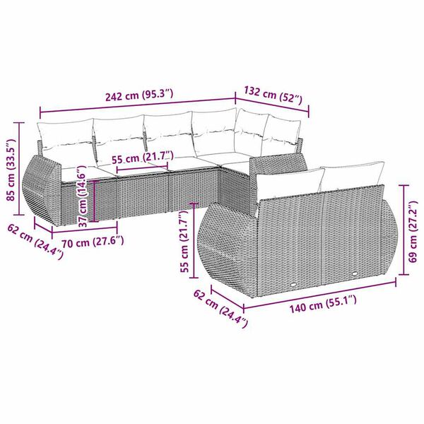 vidaXL 7-daļīgs dārza dīvāna komplekts,matrači, gai&scaron;i pelēka PE pinums
