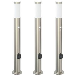 vidaXL stabveida gaismekļi ar sensoru un kontaktligzdu, 3 gab., 80 cm, nerūsējo&scaron;ais tērauds, IP44