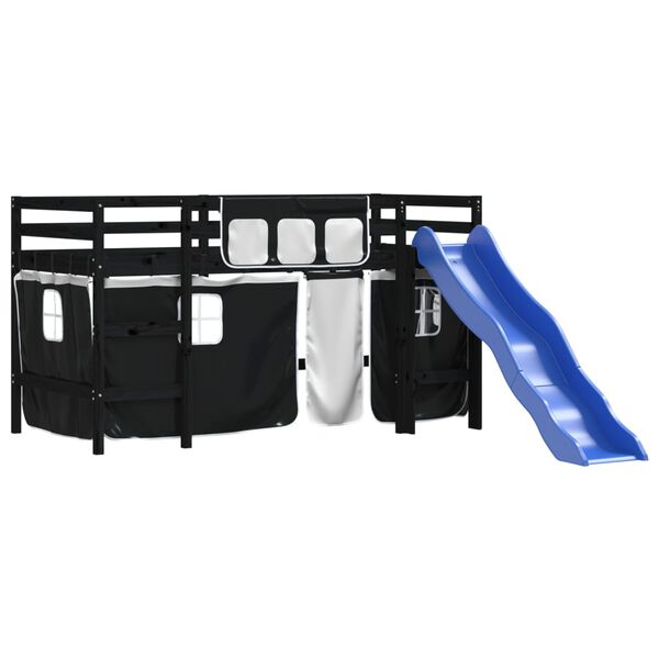 vidaXL bērnu gulta ar aizkariem, melni ar baltu, 90x190 cm, priede