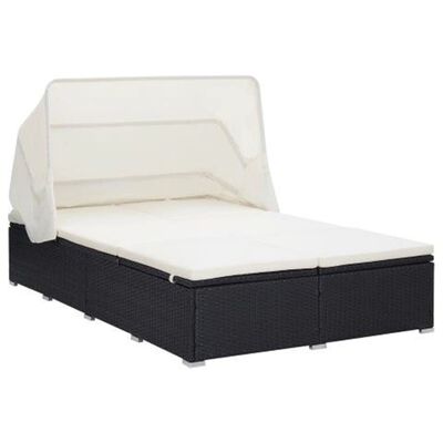 vidaXL sauļošanās gulta ar matraci, melna, PE pinums, divvietīga