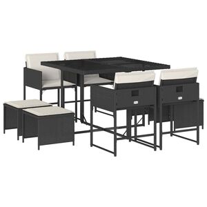 vidaXL 9-daļīgs dārza mēbeļu komplekts, matrači, melns, PE rotangpalma
