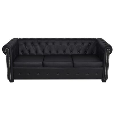 vidaXL Chesterfield dīvāns, trīsvietīgs, melna mākslīgā āda
