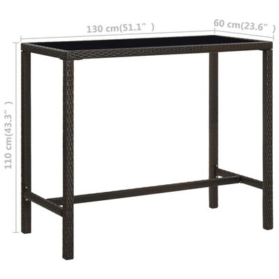 vidaXL dārza bāra galds, 130x60x110 cm, brūna PE rotangpalma, stikls