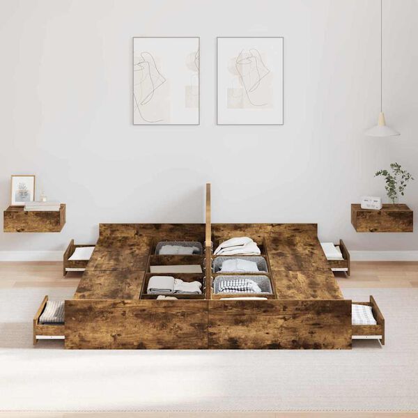 vidaXL Gultas ar uzglabāšanas vietu Dūmaka ozols 140 x 200 cm