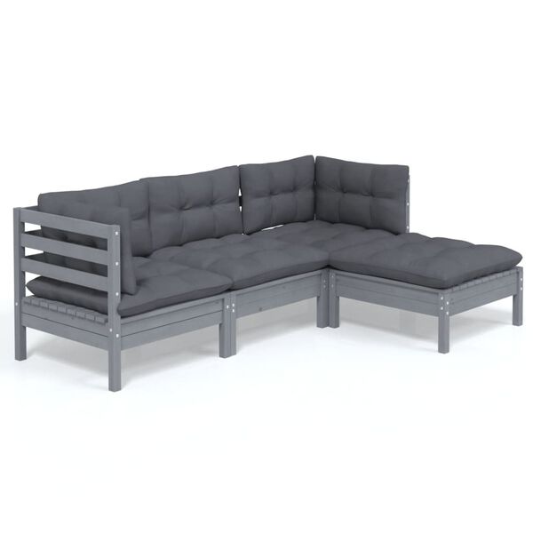 vidaXL 4-daļīgs dārza mēbeļu komplekts ar matračiem, pelēka priede