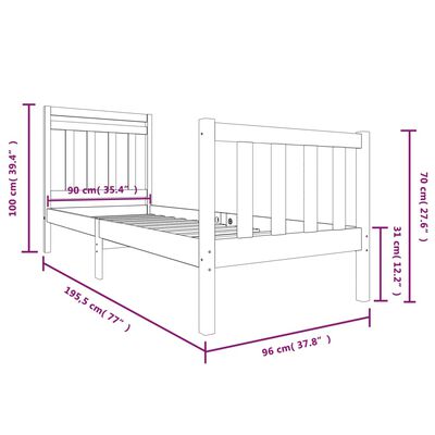 vidaXL gultas rāmis, pelēks, 90x190 cm, vienvietīgs, masīvkoks