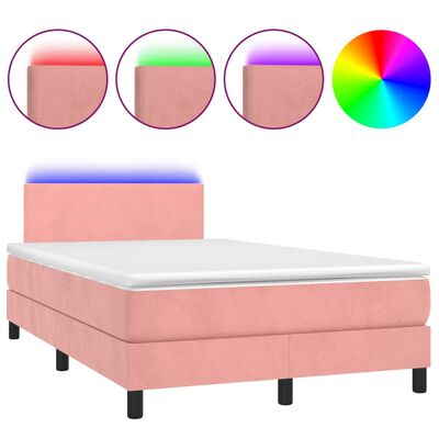 vidaXL atsperu gulta ar matraci, LED, rozā samts, 120x200 cm