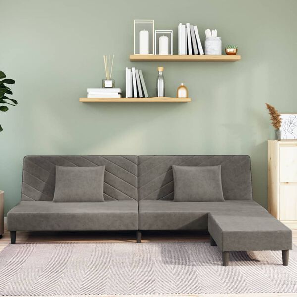 vidaXL divvietīga dīvāngulta ar kājsoliņu, 2 spilveni, pelēks samts