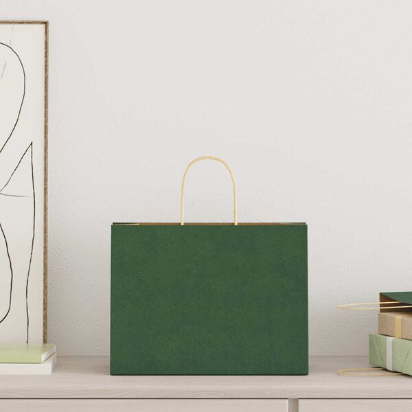 vidaXL papīra maisiņi 250 gab. ar rokturiem, zaļi, 32x17x25 cm