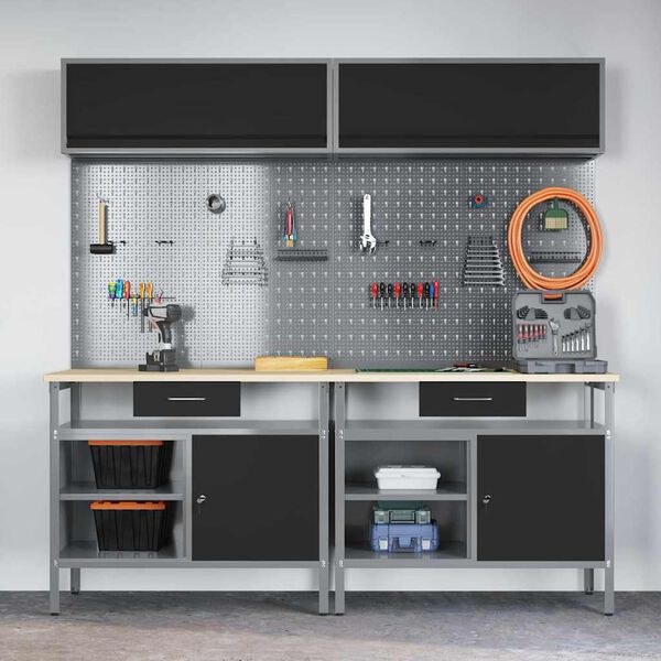 vidaXL Darbagalda komplekts 8 pcs Melna 200 x 55 x 200 cm Tērauds