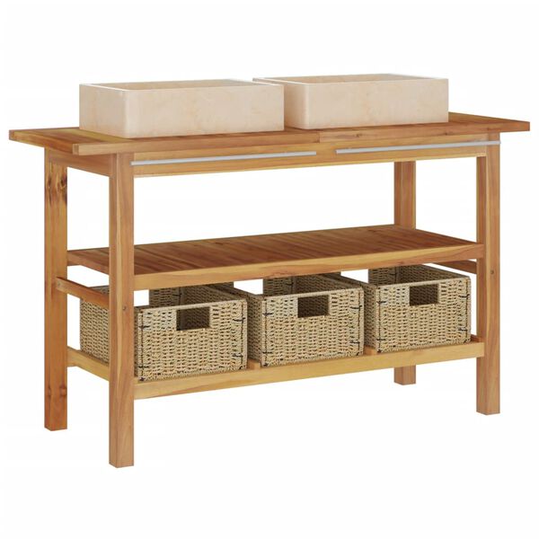 vidaXL vannasistabas plaukts ar izlietnēm, krēmkrāsas marmors, tīkkoks