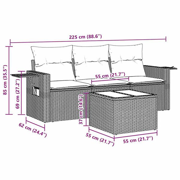 vidaXL 4-daļīgs dārza dīvāna komplekts ar matračiem, PE rotangpalma