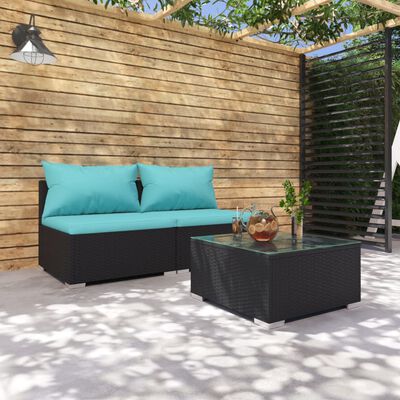 vidaXL 3-daļīgs dārza mēbeļu komplekts, matrači, melna PE rotangpalma