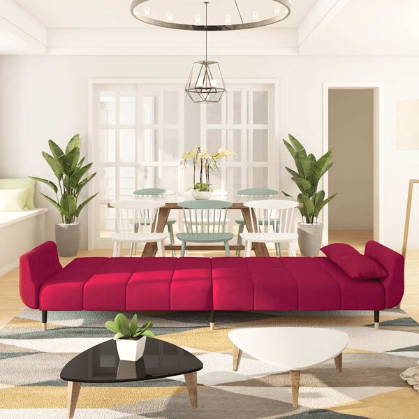 vidaXL 2-vietīga dīvāngulta ar diviem spilveniem, vīnsarkans samts