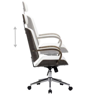 vidaXL grozāms biroja krēsls, balta mākslīgā āda un liekts koks