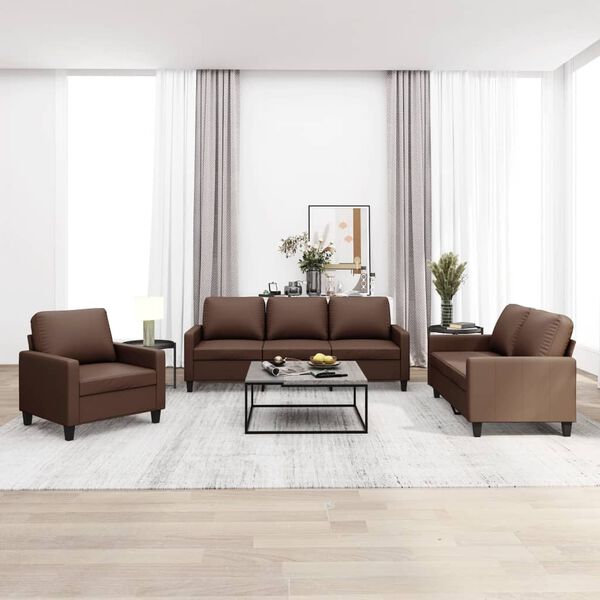 vidaXL trīsdaļīgs dīvānu komplekts ar spilveniem, brūna mākslīgā āda