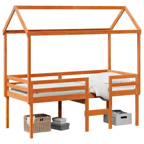 vidaXL augstā gulta ar jumtu vaska brūnas 75x190 cm priedes masīvkoks