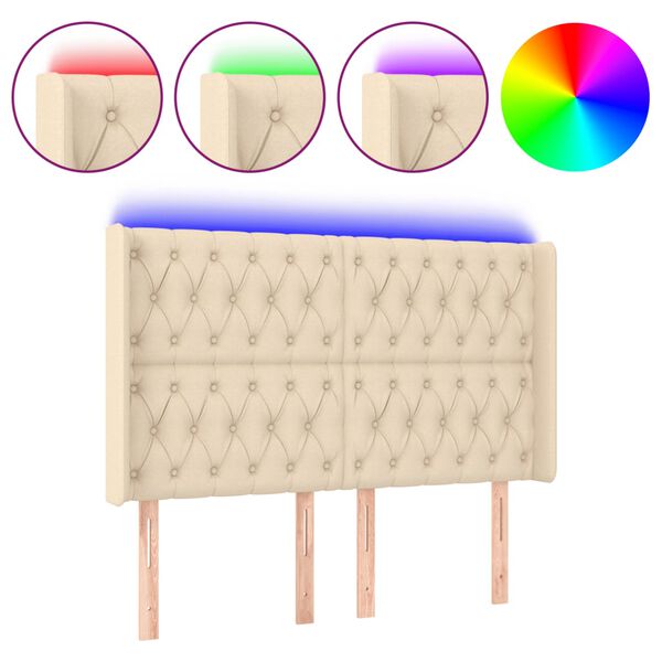vidaXL gultas galvgalis ar LED, 147x16x118/128 cm, krēmkrāsas audums