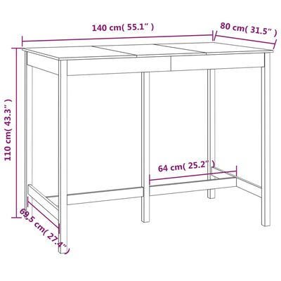 vidaXL bāra galds, pelēks, 140x80x110 cm, priedes masīvkoks