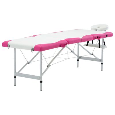 vidaXL saliekams masāžas galds, 4 daļas, alumīnijs, balts ar rozā