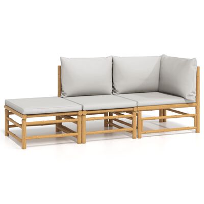 vidaXL 3-daļīgs dārza dīvānu komplekts ar pelēkiem matračiem, bambuss