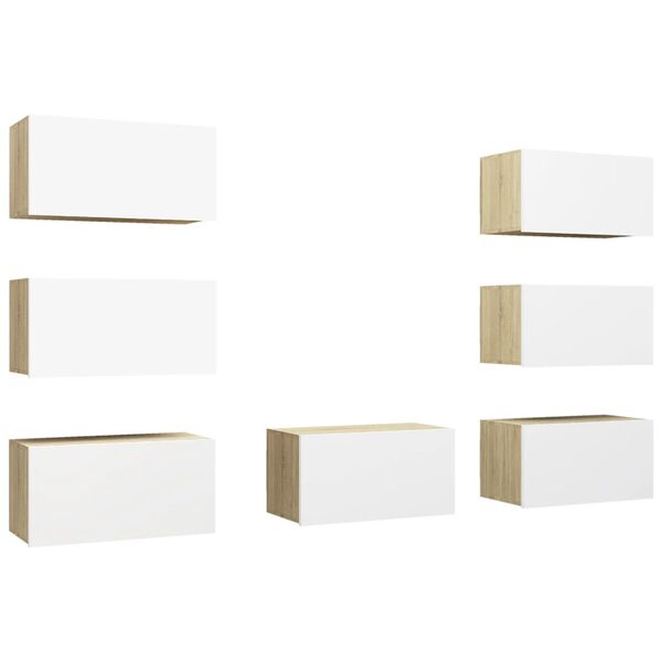 vidaXL TV skapīši, 7gab., 30,5x30x60cm, balti, ozola inženierijas koks