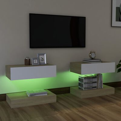 vidaXL TV plaukti ar LED lampiņām, 2 gab., 60x35 cm, balti, ozolkoka