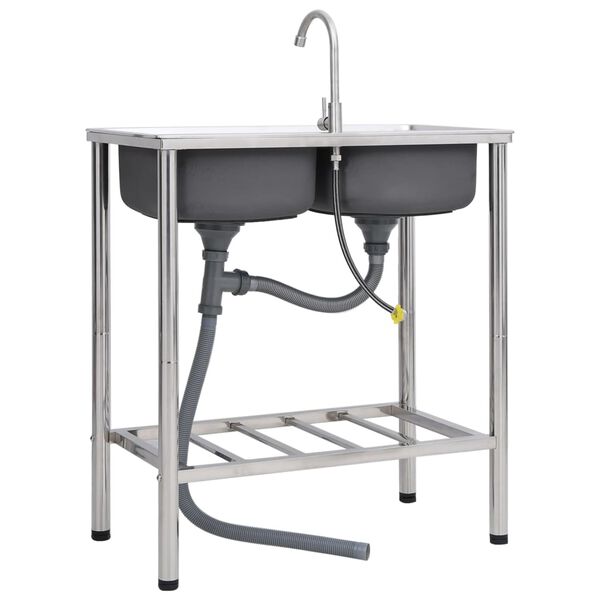 vidaXL kempinga izlietne ar 2 bļodām un krānu, nerūsējo&scaron;s tērauds