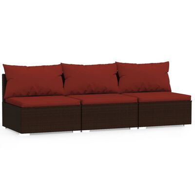 vidaXL trīsvietīgs dīvāns ar matračiem, brūna PE rotangpalma