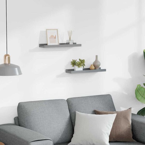 vidaXL sienas plaukti ar apmalēm, 2 gab., pelēki, 40x9x3 cm, MDF