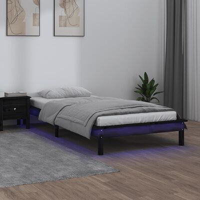 vidaXL gultas rāmis, LED, melns, 75x190 cm, vienvietīgs, masīvkoks