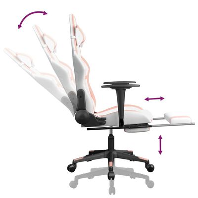 vidaXL masāžas datorkrēsls ar kāju balstu, balta un rozā mākslīgā āda