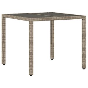 vidaXL dārza galds ar stikla virsmu, 90x90x75cm, pelēka PE rotangpalma