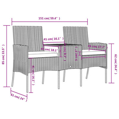 vidaXL divvietīgs dārza dīvāns ar galdiņu, PE rotangpalma, melns