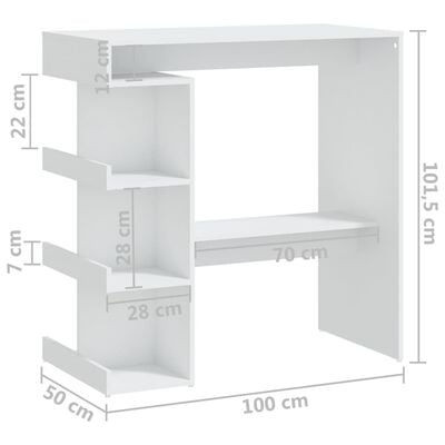 vidaXL bāra galds ar plauktu, balts, 100x50x101,5 cm, skaidu plāksne